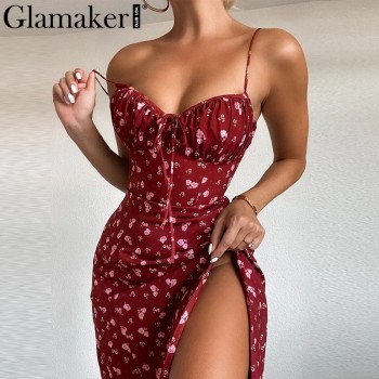 Glamaker Floral print sexy bodycon high split dress Women 2020 new sleeveless short dress Party club elegant backless vestidos